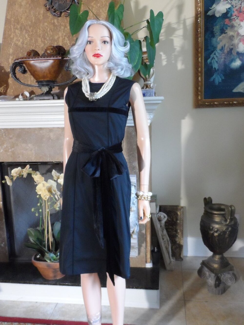 Lanvin Black Velvet Trim Belted Midi Dress Size Small